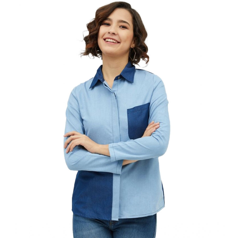 Seduva Women's Denim Patch Work Long Sleeves Standard Length Shirt (Blue)