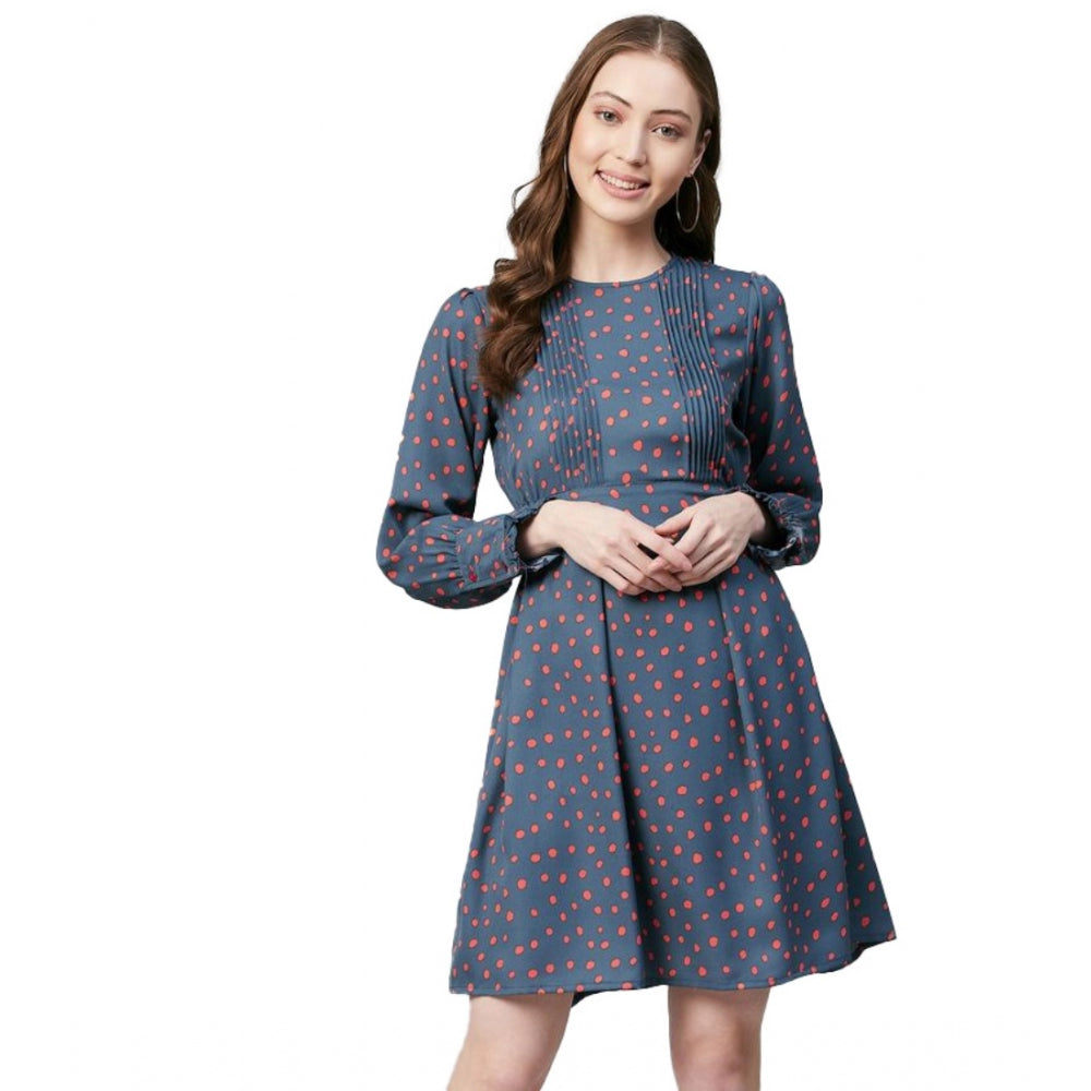 Seduva Women's Polyester Polka Long Sleeves Above Knee Dress (Grey - Coral)