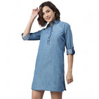 Seduva Women's Denim Solid Long Sleeves Above Knee Dress (Ice Blue)