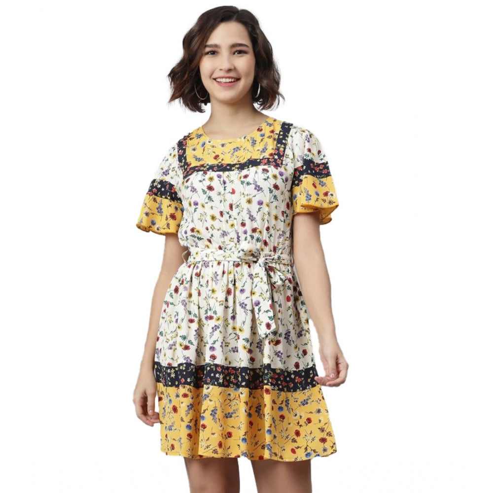 Seduva Women's Polyester Floral Flutter Above Knee Dress (Multicolor)