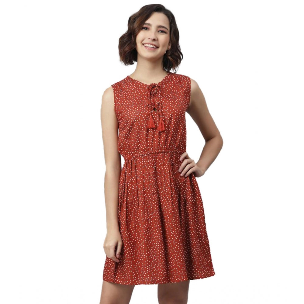 Seduva Women's Rayon Polka Sleeveless Above Knee Dress (Rust)