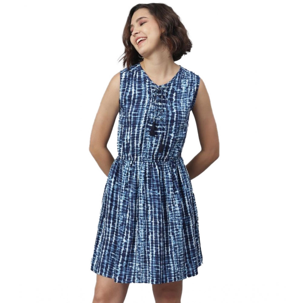 Seduva Women's Rayon Tie &amp; Dye Sleeveless Above Knee Dress (Blue)
