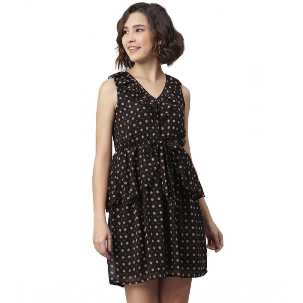 Seduva Women's Polyester Peplum Sleeveless Above Knee Dress (Black)