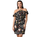 Seduva Women's Polyester Floral Cold Shoulder Above Knee Dress (Black)
