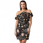 Seduva Women's Polyester Floral Cold Shoulder Above Knee Dress (Black)