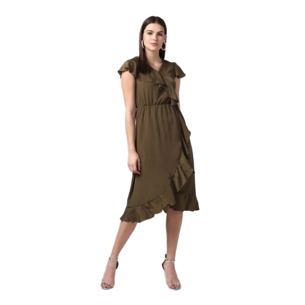 Seduva Women's Polyester Ruffled Cap Sleeve Knee-Length Dress (Olive)