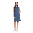 Seduva Women's Denim Solid Sleeveless Above Knee Dress (Blue)