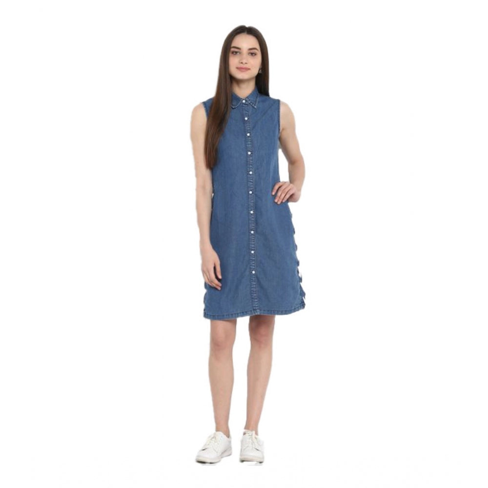 Seduva Women's Denim Solid Sleeveless Above Knee Dress (Blue)
