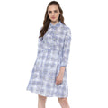 Seduva Women's Cotton Checkered Roll Up Sleeve Above Knee Dress (Blue)