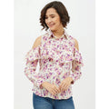Seduva Women's Polyester Floral Cold Shoulder Standard Length Shirt (White)
