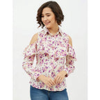 Seduva Women's Polyester Floral Cold Shoulder Standard Length Shirt (White)