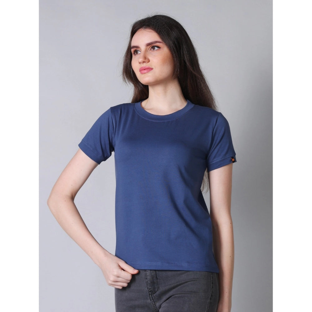 Seduva Women's Cotton Blended Solid Round Neck Half Sleeve T-Shirt (Blue)