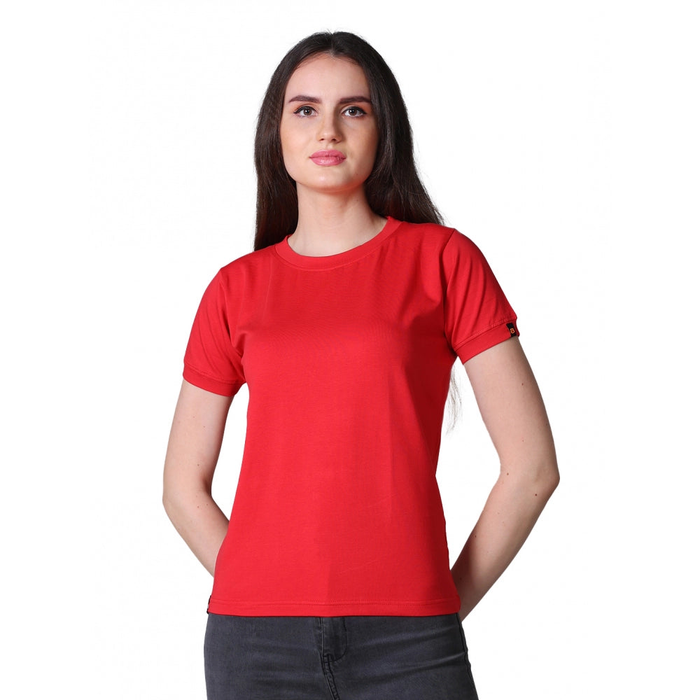 Seduva Women's Cotton Blended Solid Round Neck Half Sleeve T-Shirt (Red)