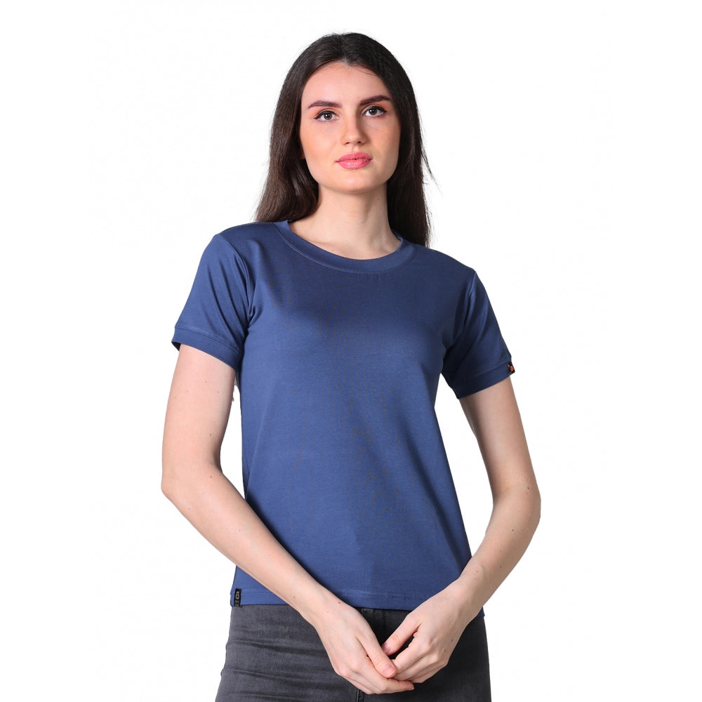 Seduva Women's Cotton Blended Solid Round Neck Half Sleeve T-Shirt (Blue)