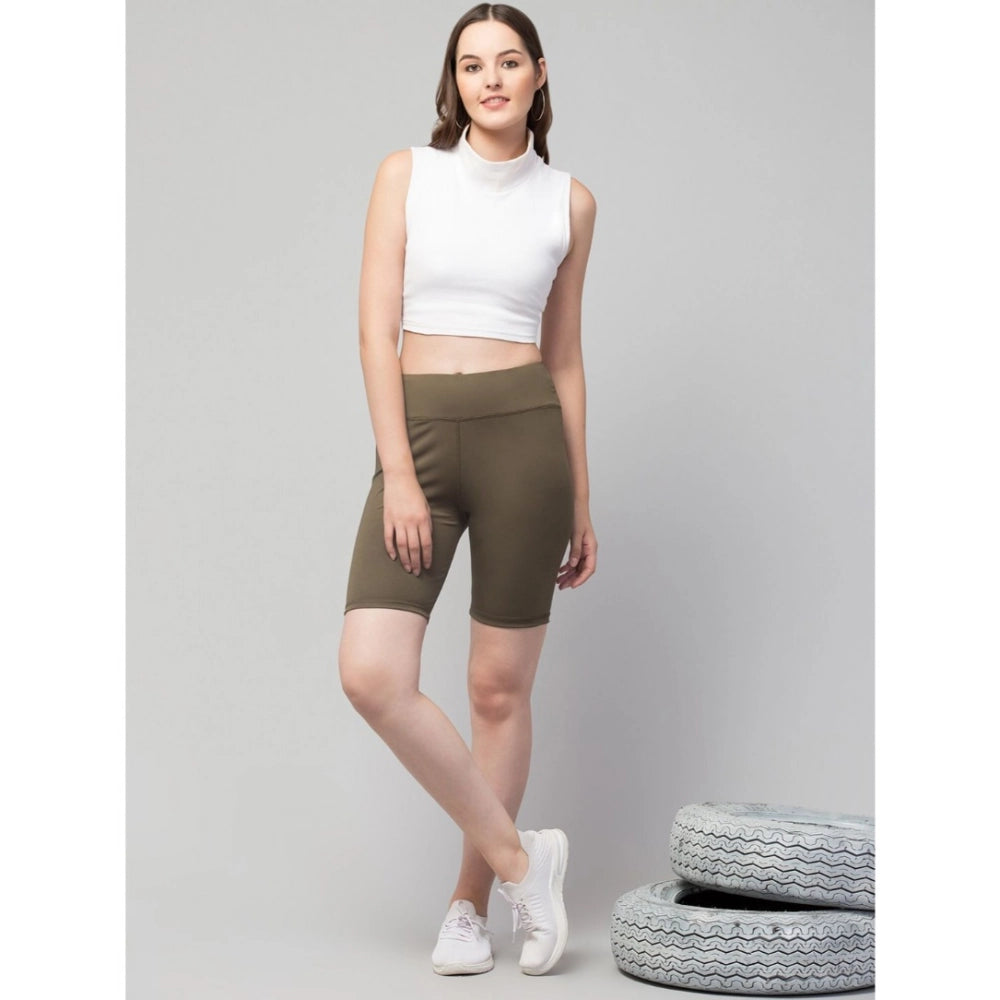 Seduva Women's Polyester Solid Above Knee High-Rise Shorts (Olive)