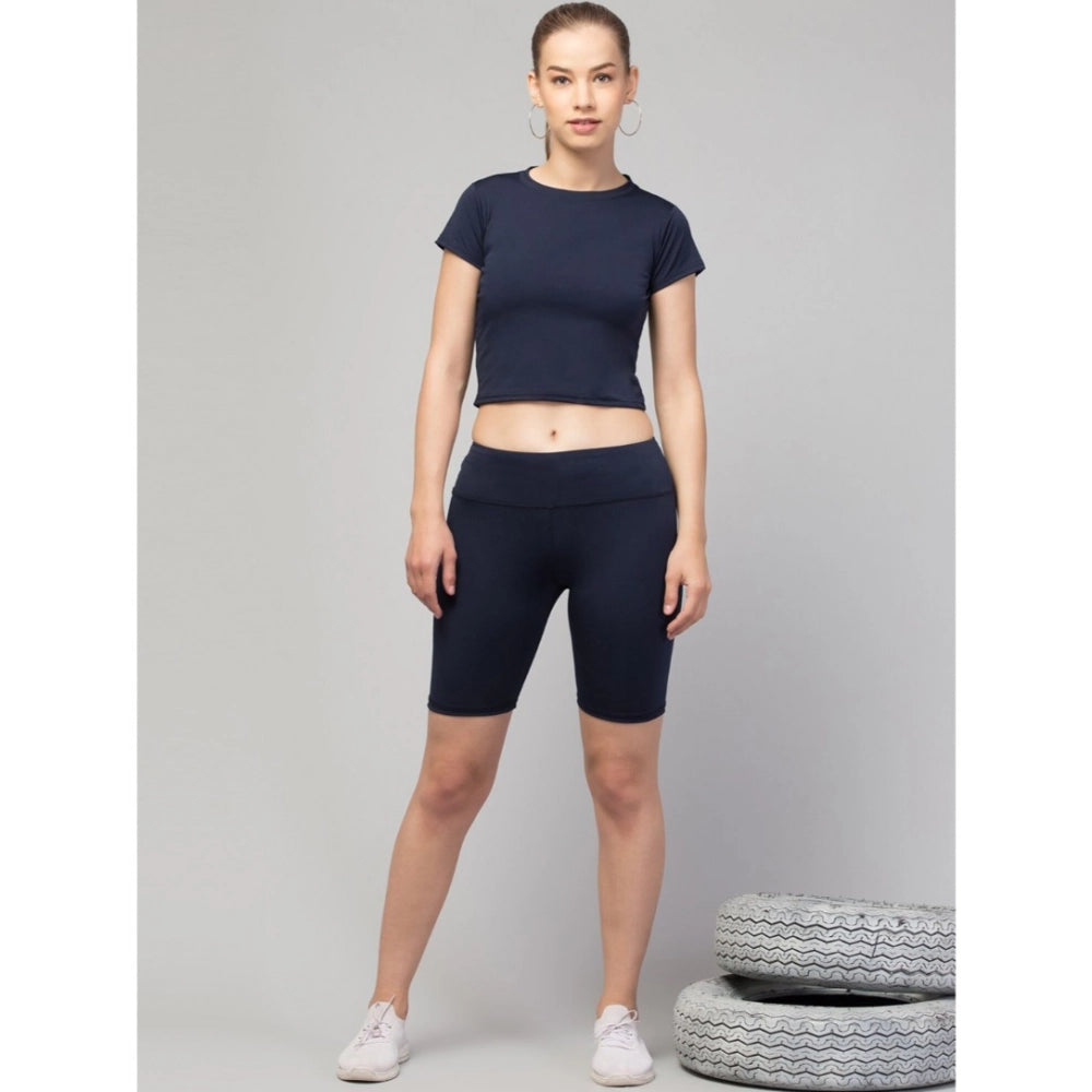 Seduva Women's Polyester Solid Above Knee High-Rise Shorts (Navy)