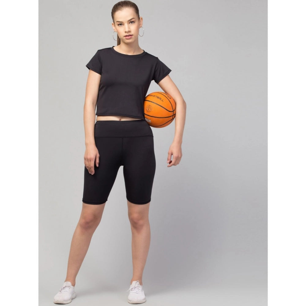 Seduva Women's Polyester Solid Above Knee High-Rise Shorts (Black)