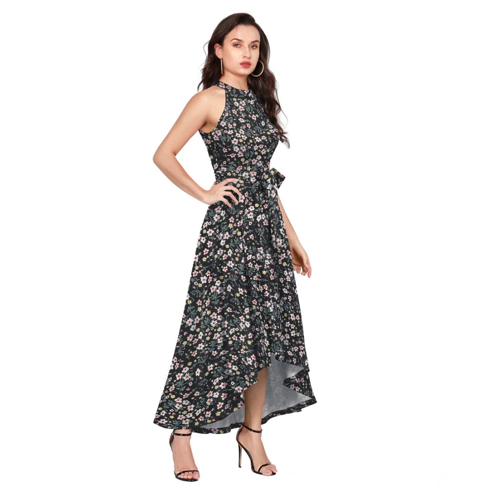 Seduva Women's Polyester Printed Halter Neck Sleeveless Dress (Black)