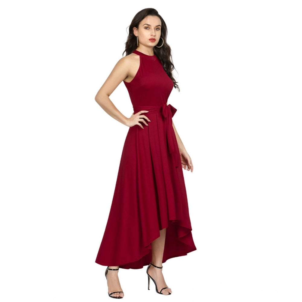 Seduva Women's Polyster Solid Halter Neck Sleeveless Dress (Maroon)