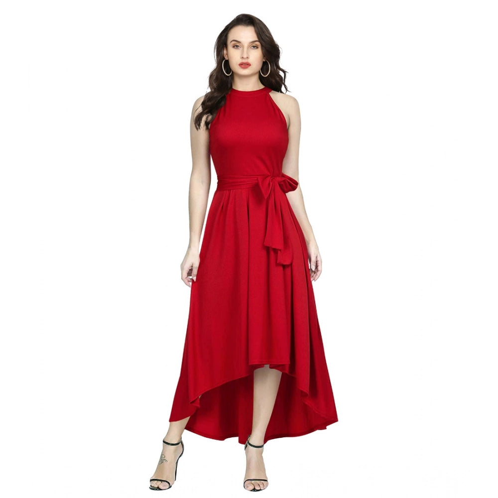 Seduva Women's Polyster Solid Halter Neck Sleeveless Dress (Red)