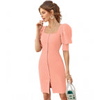 Seduva Women's Knitting stretchable Solid Square Neck 3-4 Puff Sleeve Dress (Peach)