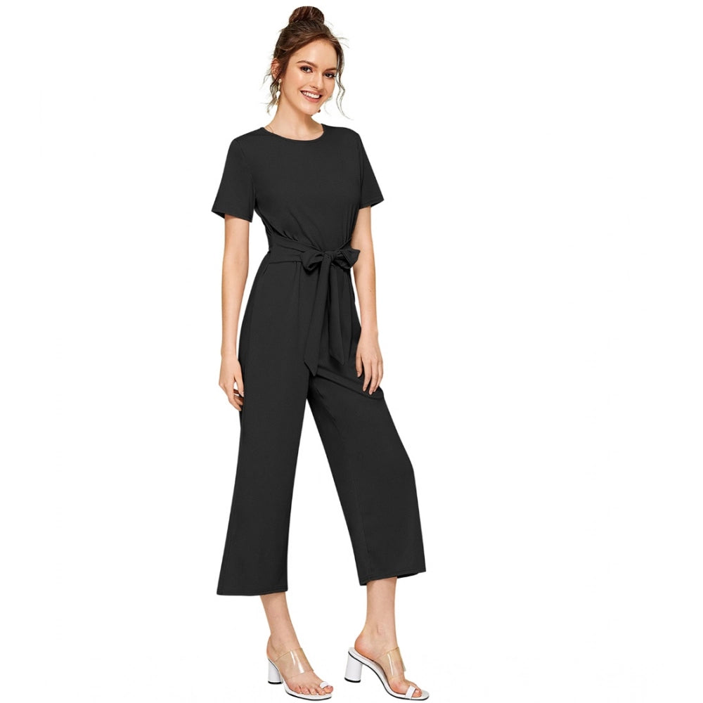 Seduva Women's Knitting stretchable Solid Round Neck Cap Sleeve Jumpsuit (Black)
