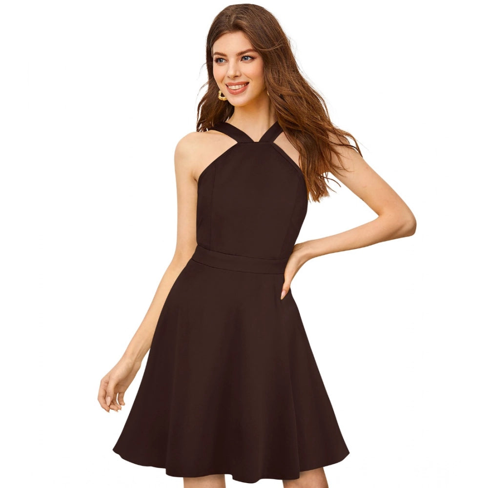 Seduva Women's Knitting stretchable Solid Halter Neck Sleeveless Dress (Coffee)