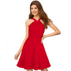 Seduva Women's Knitting stretchable Solid Halter Neck Sleeveless Dress (Red )