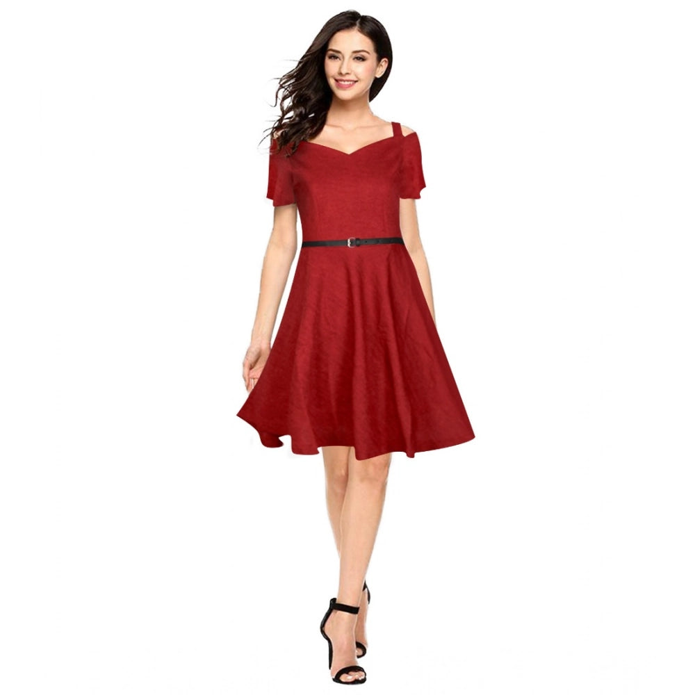 Seduva Women's Polyester Solid V Neck Cap Sleeve Dress (Maroon)