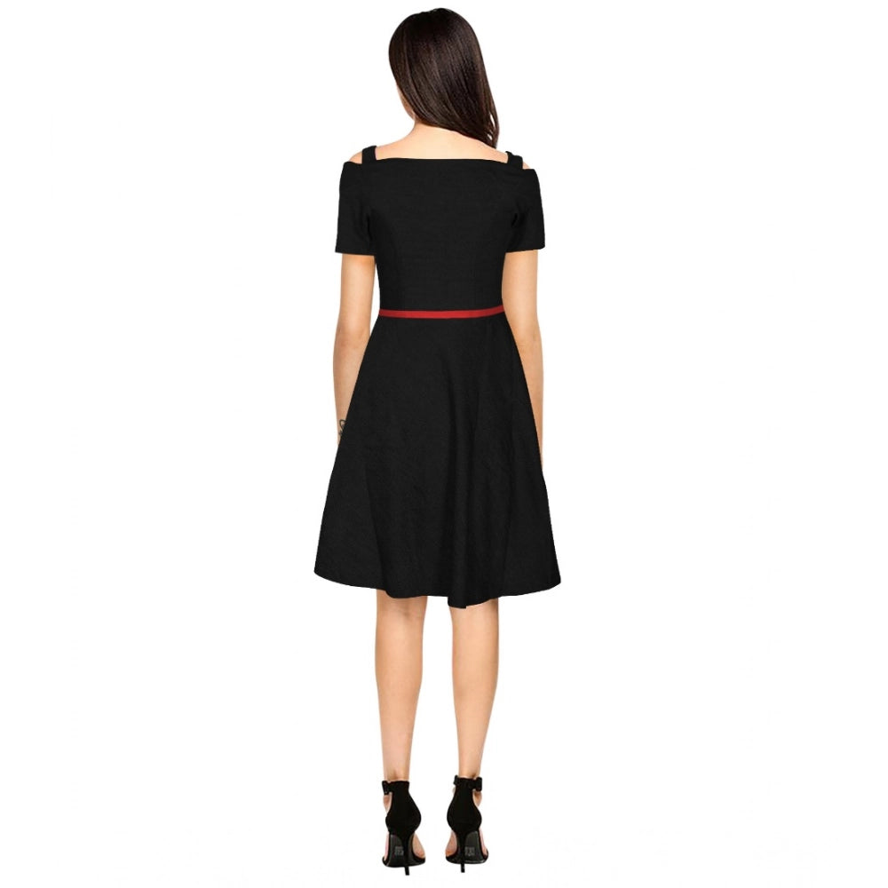 Seduva Women's Polyester Solid V Neck Cap Sleeve Dress (Black)