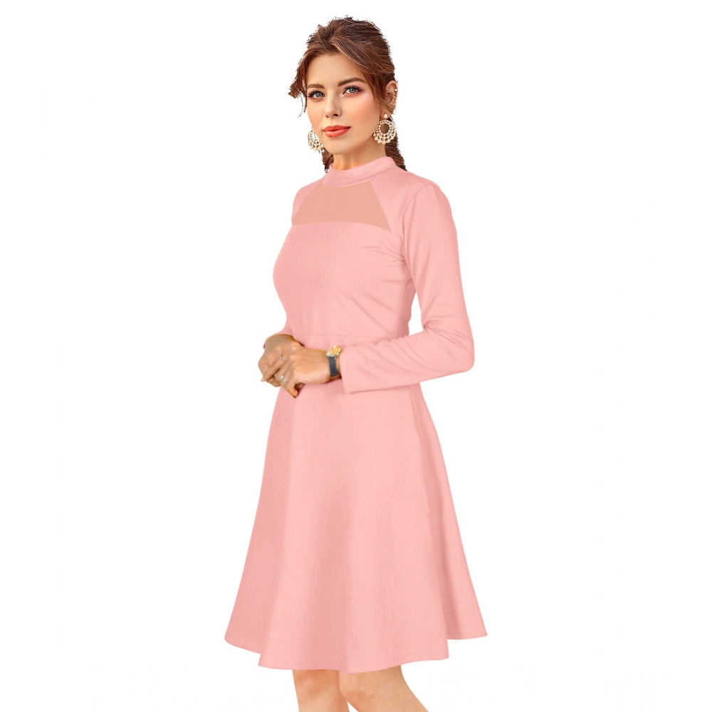 Seduva Women's Knitting stretchable Solid Round Neck Full Sleeve Dress (Peach)