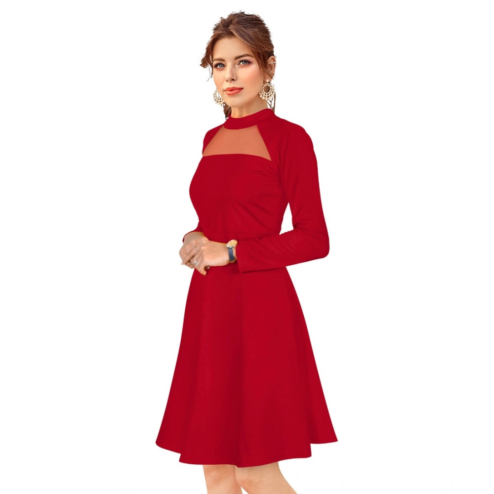 Seduva Women's Knitting stretchable Solid Round Neck Full Sleeve Dress (Red)