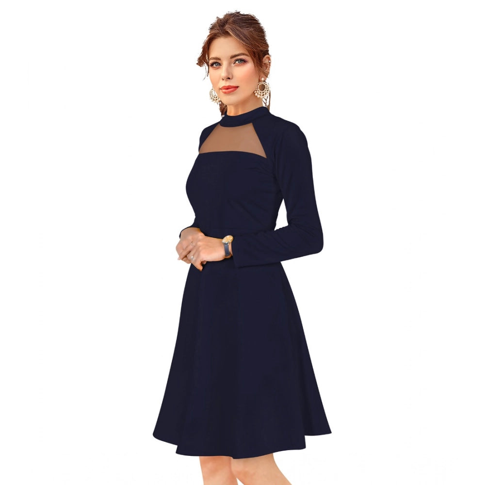 Seduva Women's Knitting stretchable Solid Round Neck Full Sleeve Dress (Blue)
