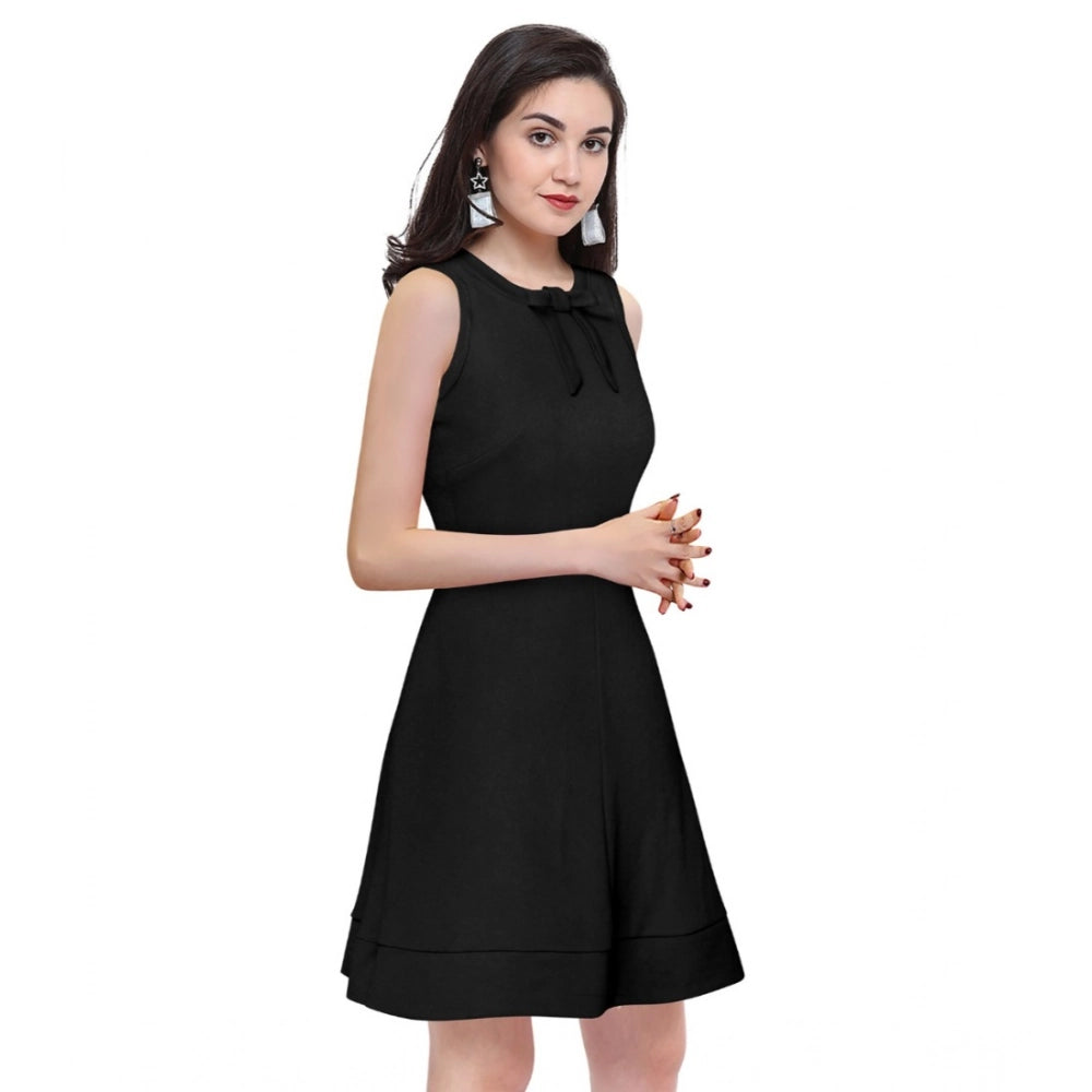 Seduva Women's Polyester Solid Round Neck Sleeveless Dress (Black)
