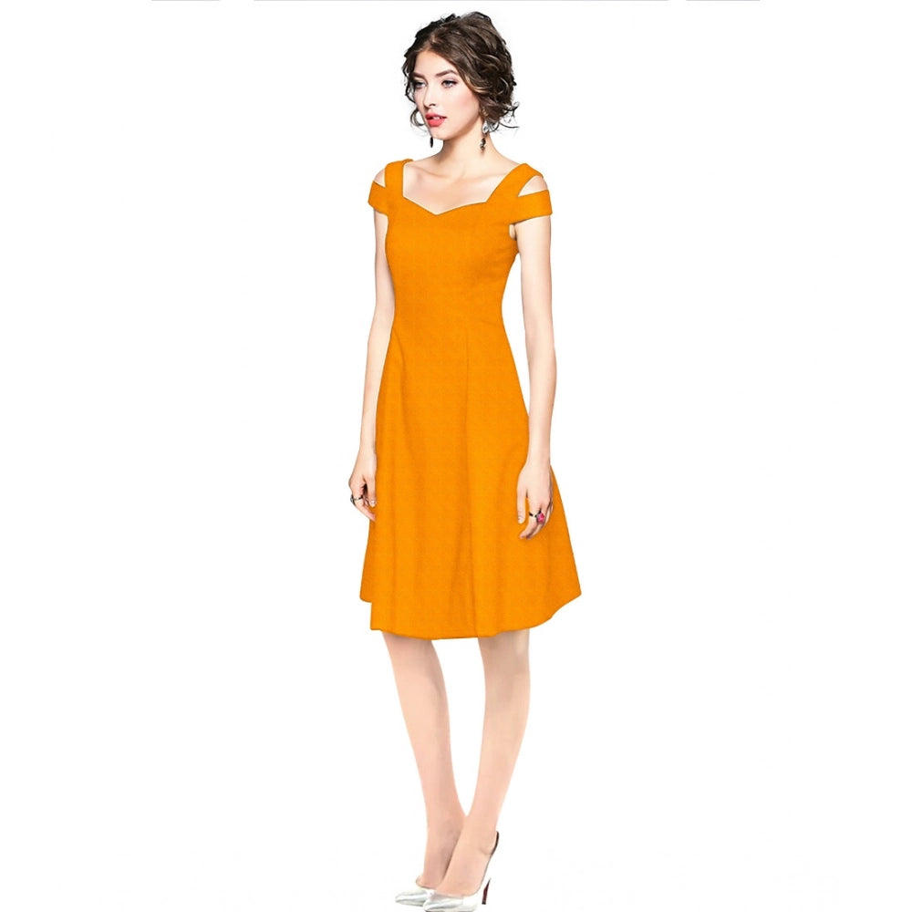 Seduva Women's Polyester Solid V Neck Cap Sleeve off Shoulder Dress (Yellow)