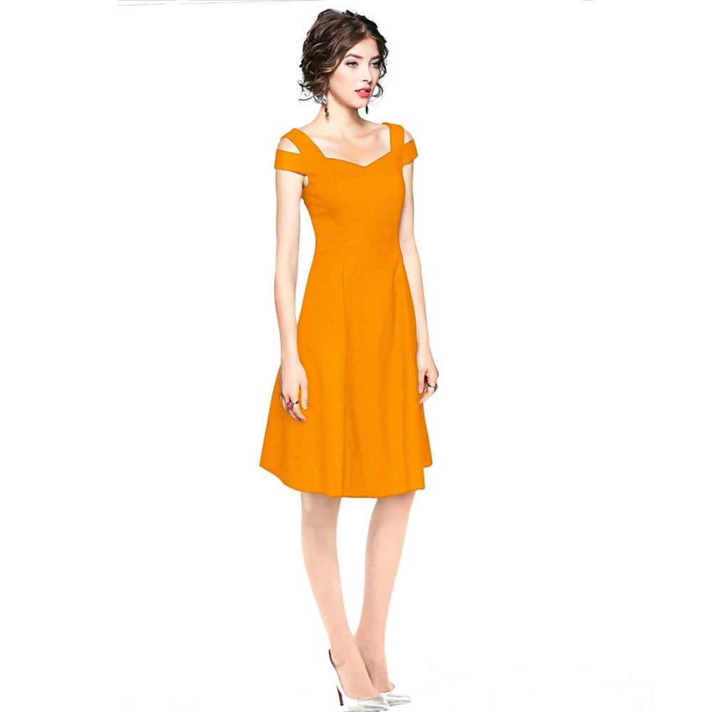 Seduva Women's Polyester Solid V Neck Cap Sleeve off Shoulder Dress (Yellow)