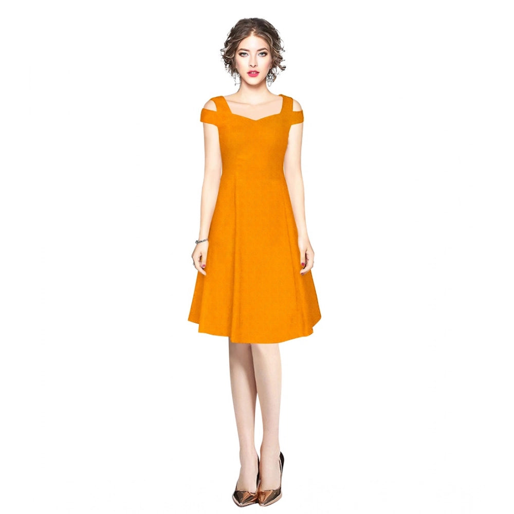 Seduva Women's Polyester Solid V Neck Cap Sleeve off Shoulder Dress (Yellow)
