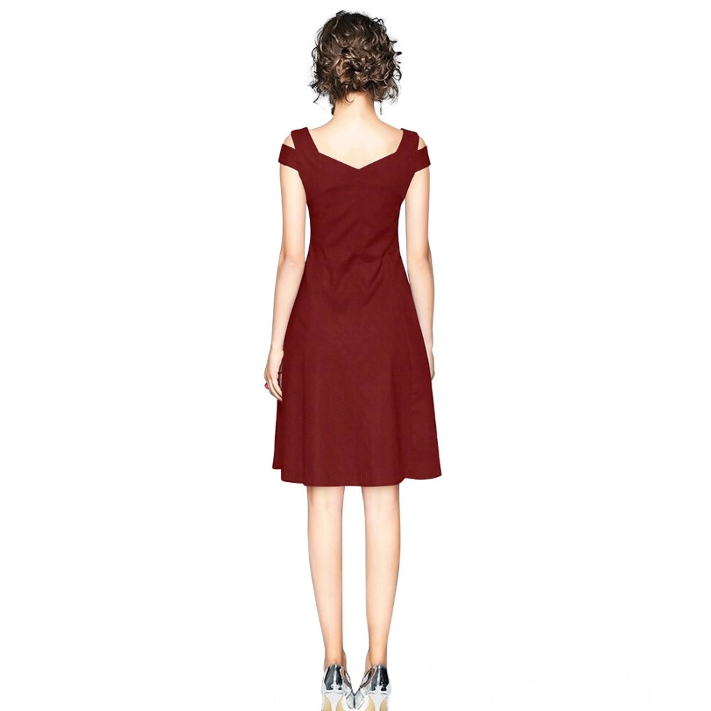 Seduva Women's Polyester Solid V Neck Cap Sleeve off Shoulder Dress (Maroon)