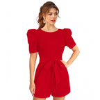 Seduva Women's Knitting stretchable Solid Round Neck 3-4 Puff Sleeve Dress (Red )