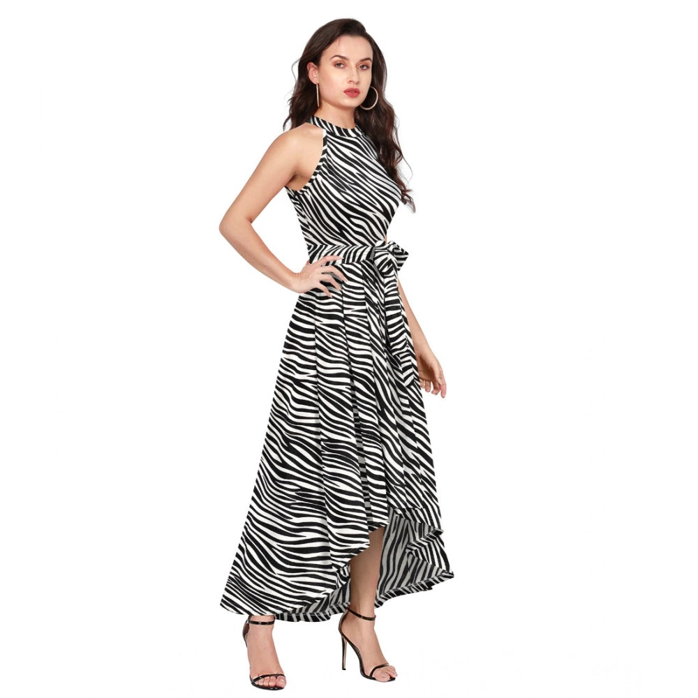 Seduva Women's Polyester Zebra Pattern Halter Neck Sleeveless Dress (White)