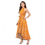 Seduva Women's Polyester Printed Halter Neck Sleeveless Dress (Yellow)