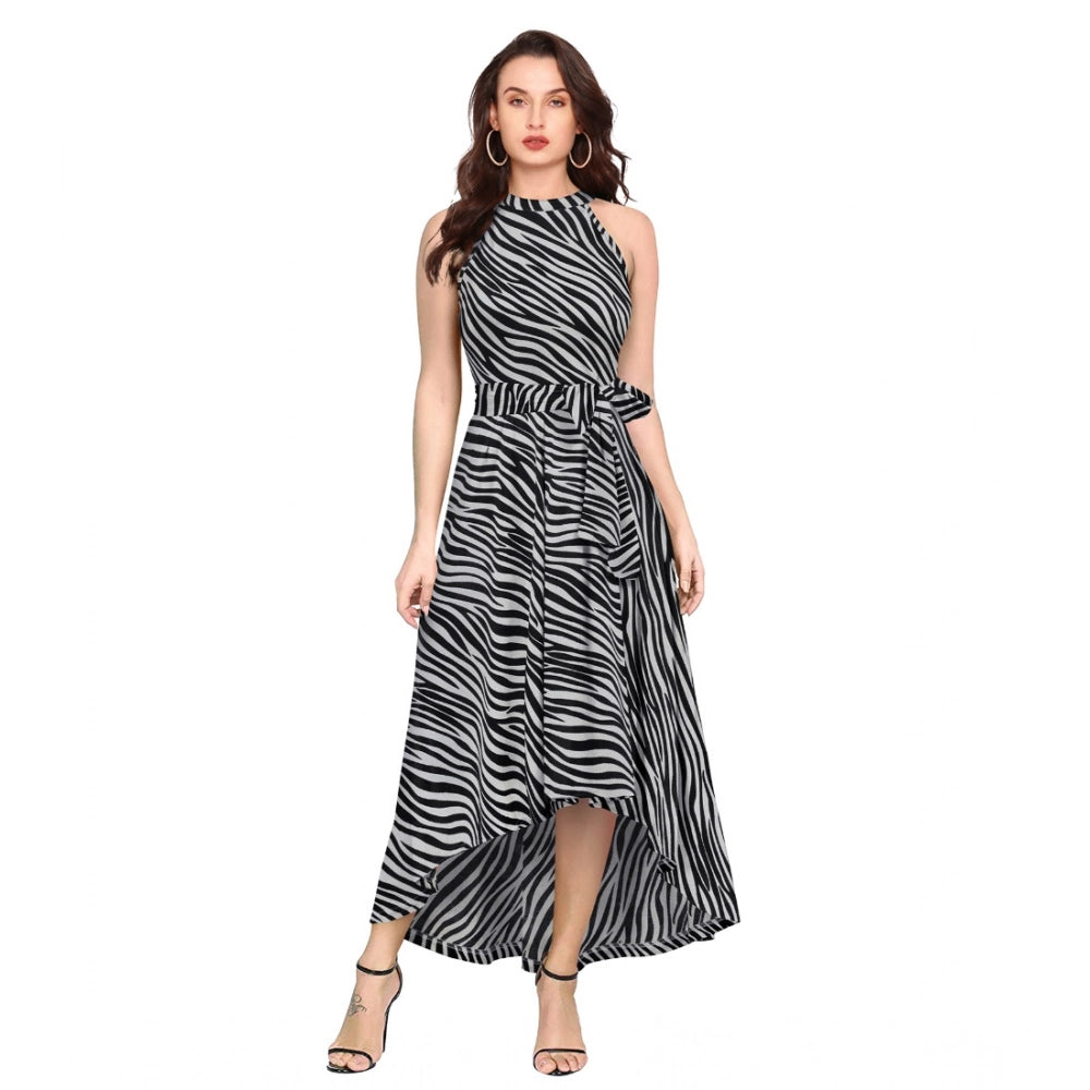 Seduva Women's Polyester Zebra Pattern Halter Neck Sleeveless Dress (Navy Blue)