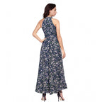 Seduva Women's Polyester Printed Halter Neck Sleeveless Dress (Blue)