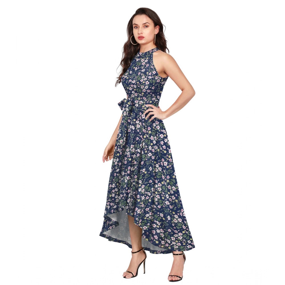 Seduva Women's Polyester Printed Halter Neck Sleeveless Dress (Blue)
