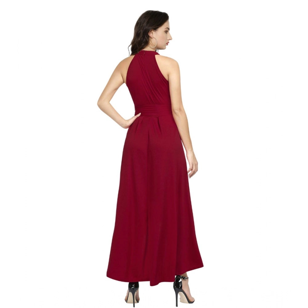 Seduva Women's Polyster Solid Halter Neck Sleeveless Dress (Maroon)