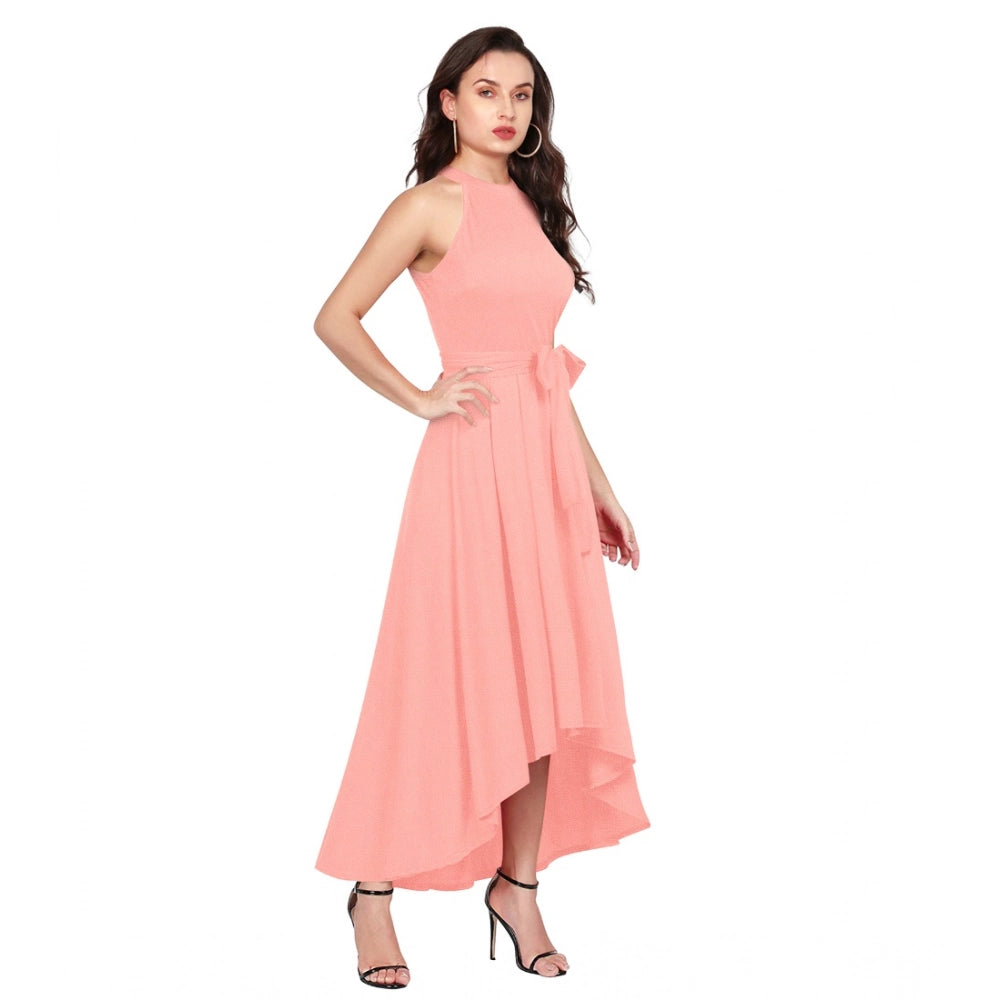 Seduva Women's Polyster Solid Halter Neck Sleeveless Dress (Peach)