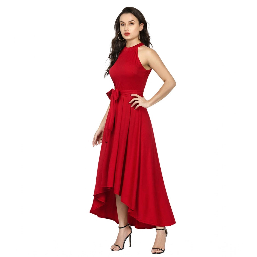 Seduva Women's Polyster Solid Halter Neck Sleeveless Dress (Red)