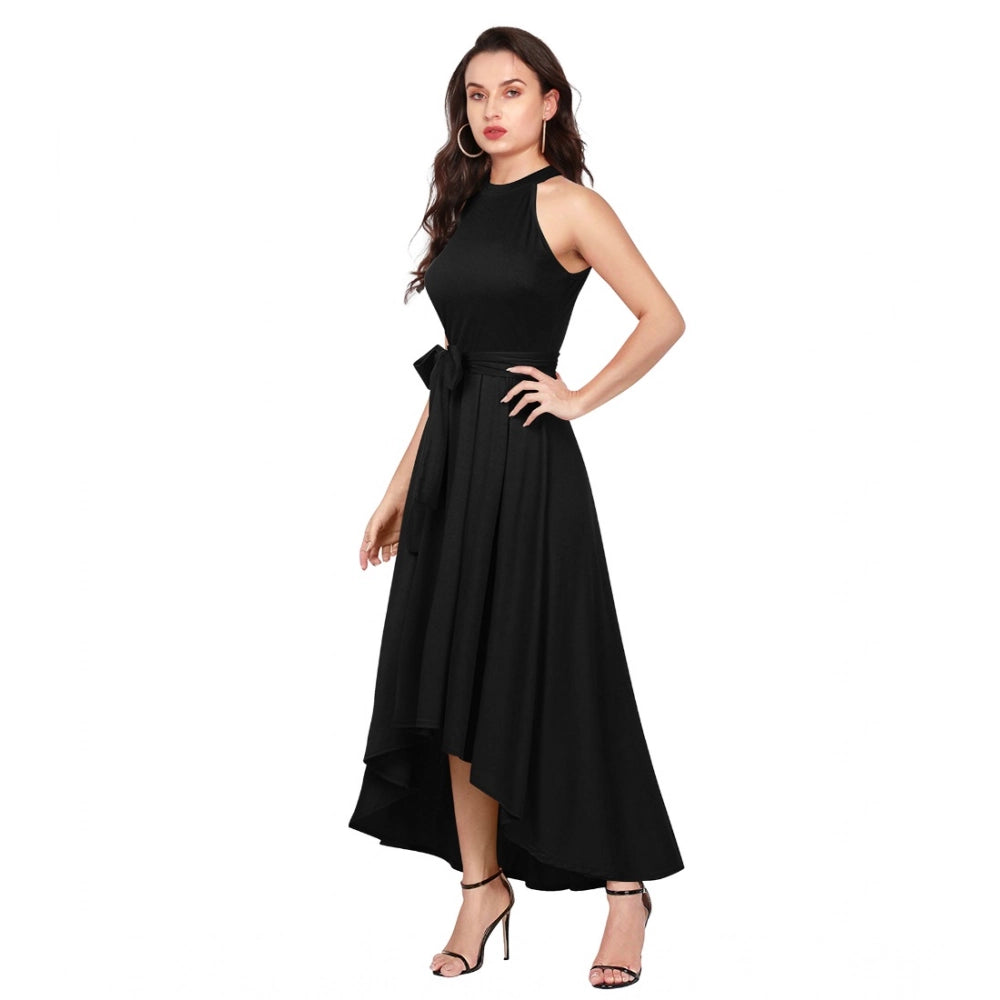 Seduva Women's Polyster Solid Halter Neck Sleeveless Dress (Black)