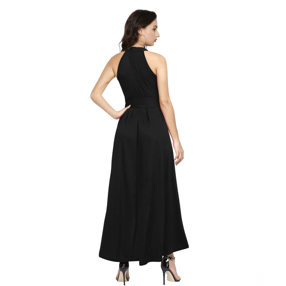 Seduva Women's Polyster Solid Halter Neck Sleeveless Dress (Black)