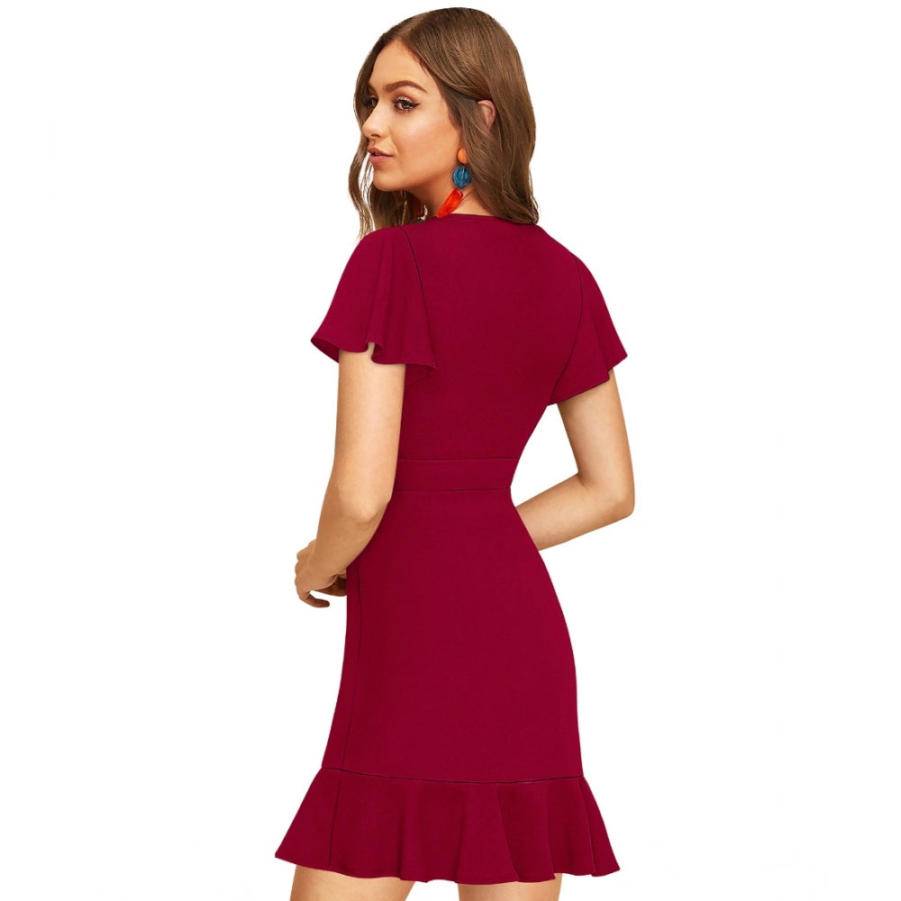 Seduva Women's Knitting stretchable Solid V Neck Flaired Sleeve Dress (Maroon )